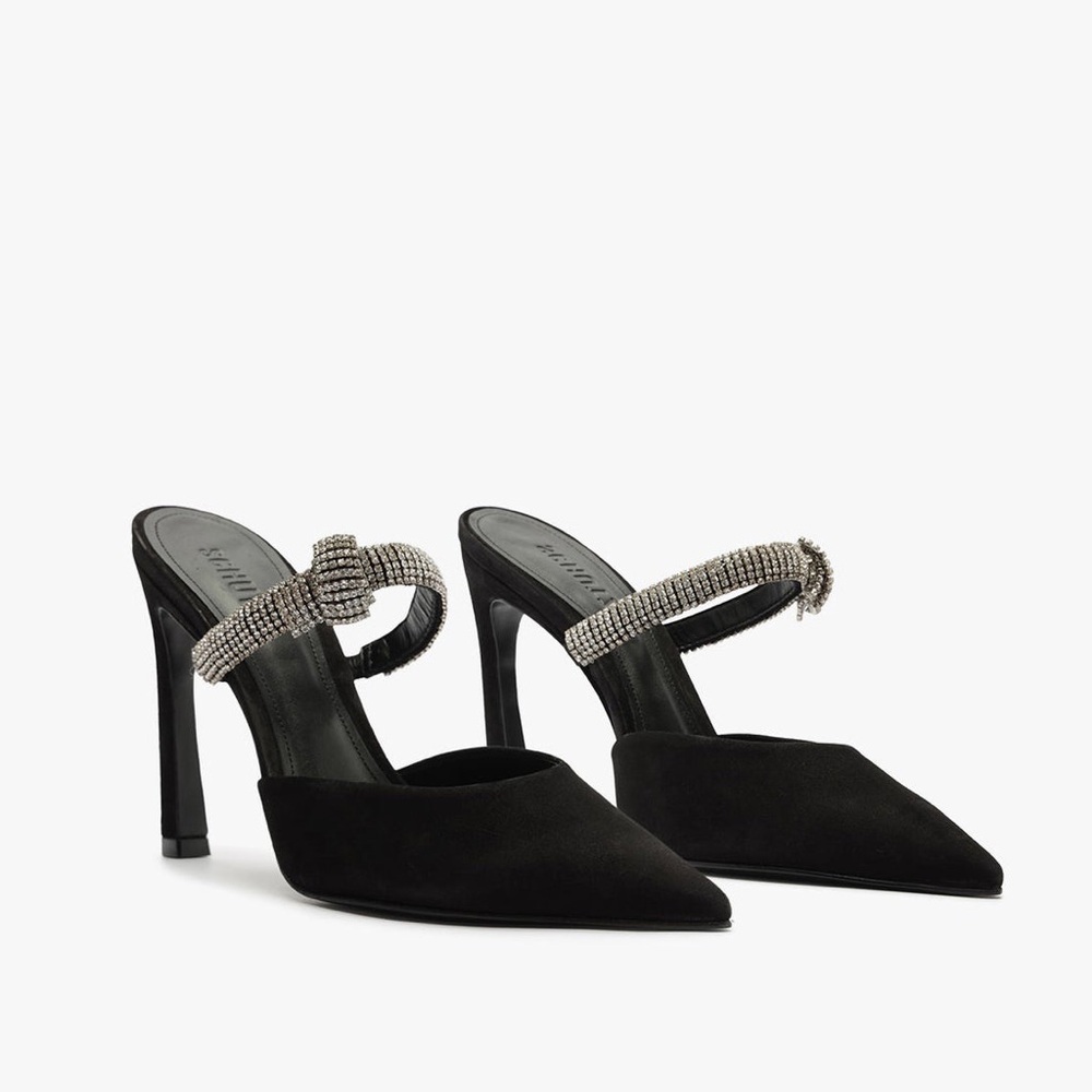NWOB Schultz Pearl Curve 100MM Crystal-Embellished Nubuck Mules Black Size 8.5B